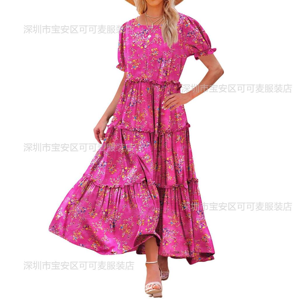 New spring and summer women's clothing bubble sleeves floral fashion and thin pleated long printed dress