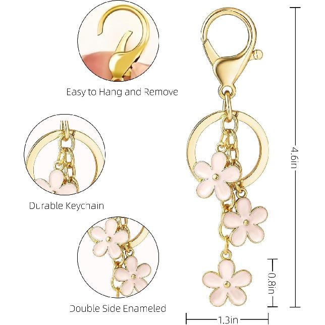 3Pcs Cute Keychain for Women, Flower Enamel Charm Keyring for Handbag Backpack Purse(White,Pink,Black