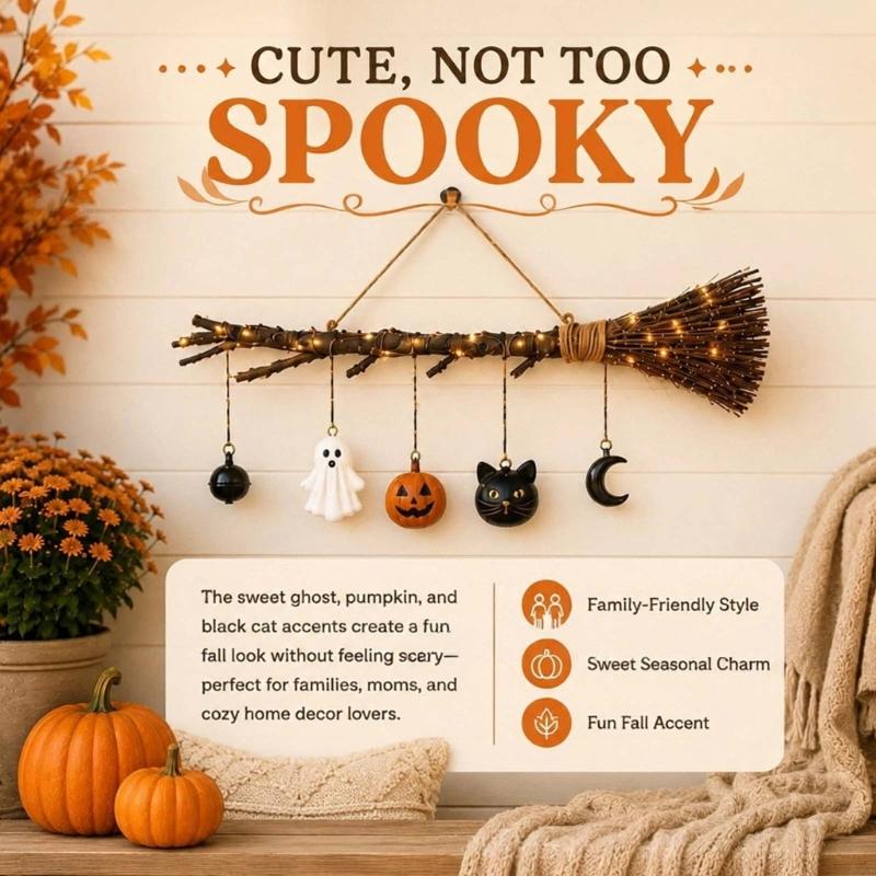 Halloween Lighted Witch Broom Hanging Decors with Warm Light and Ghostly Pumpkins Cats Charm for Entryway Wall Window Party