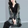 Chiffon Shirt Women's Spring and Summer New Fashion High-end Temperament Velvet Stitching Loose Large Size Retro Printed Top