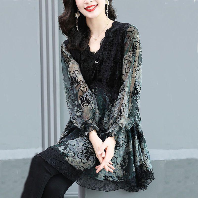 Chiffon Shirt Women's Spring and Summer New Fashion High-end Temperament Velvet Stitching Loose Large Size Retro Printed Top