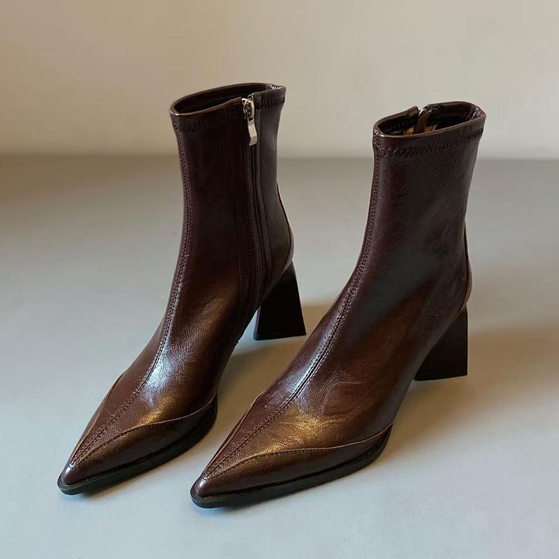 Brand Design Pointed Toe Black Ankle Boots for Women 2025 Autumn French High Heel Boots Woman Side Zipper PU Leather Botas Mujer