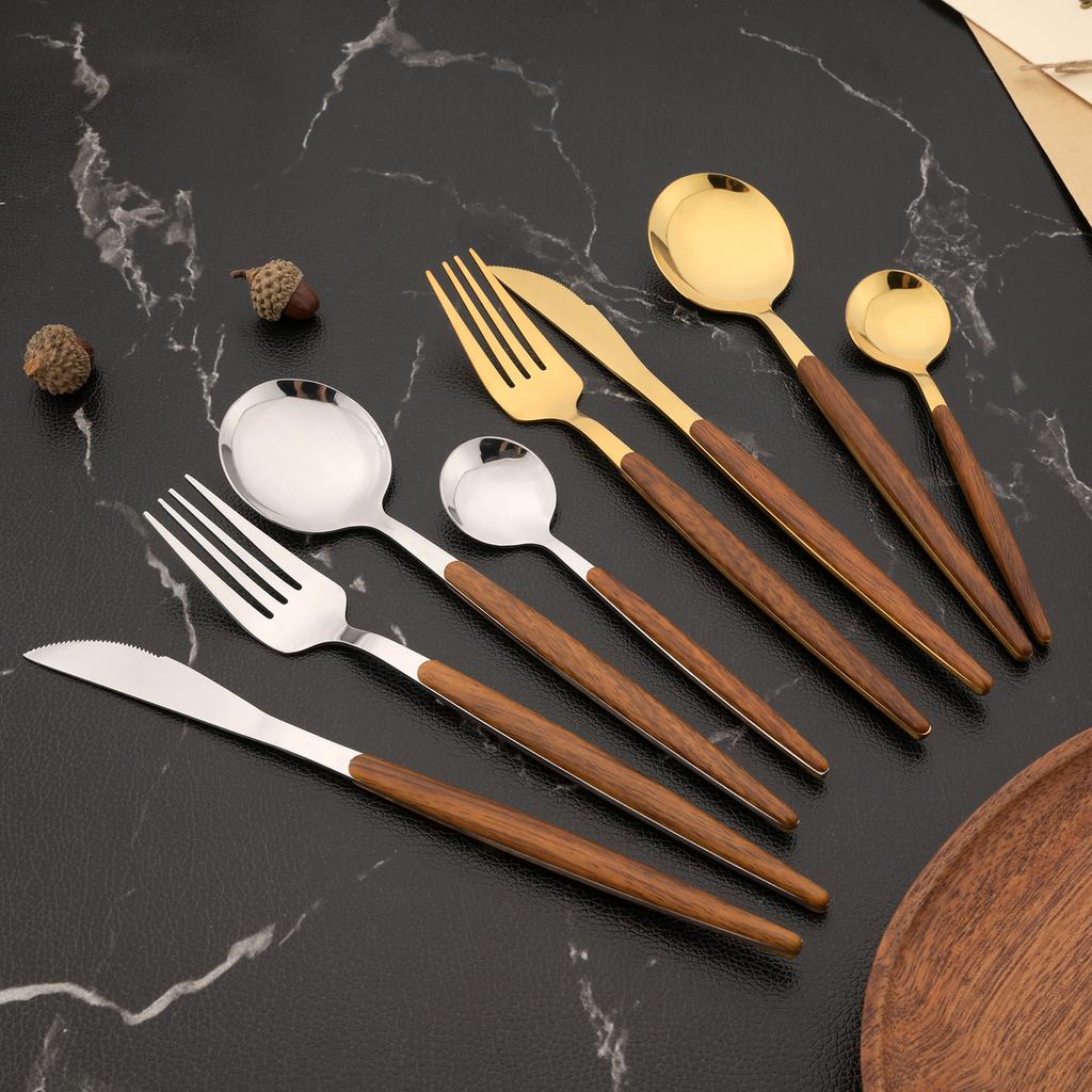 24Pcs Tableware Set Stainless Steel Dinnerware Knife Fork Spoon Dinner Flatware Kitchen Colorful Elegant Black Gold Cutlery Set
