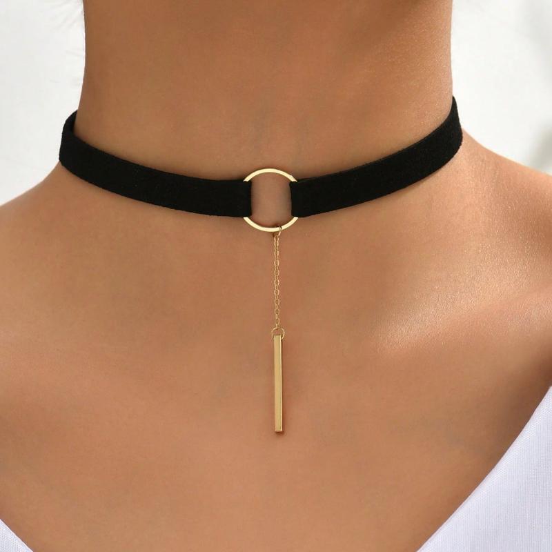 1pc Black Faux Suede Fabric Circular Choker With Stick Pendant & Chain For Women Gothic Summer Necklace