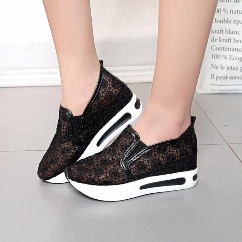 Women's fashion flat bottom inner height increase mesh yarn breathable casual single shoes support platform one piece