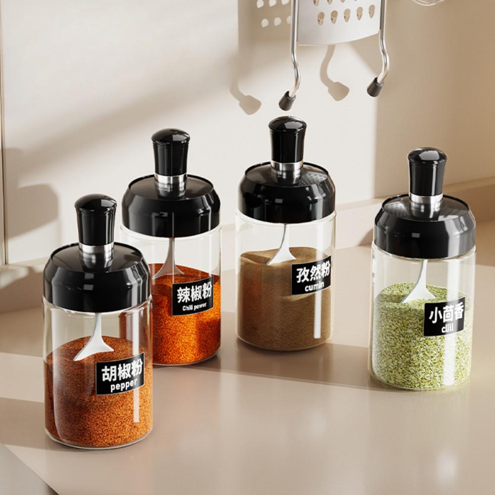 1-3pcs Kitchen Seasoning Jar Spoon Cover Integrated Glass Jars Household Oil Storage Pot Honey Bottle Brush Kitchen Bar Supplies