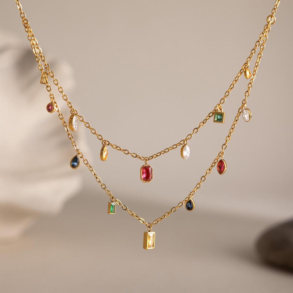 Wonderswan 18K Gold-Plated Stainless Steel Geometric Zircon Double Layer Necklace - Colorful & Luxurious for Women