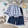 Girls Summer Plaid Halter Top And Ruffled Wide Leg Pants 2 Piece Outfit Set For Kids Casual Beach Wear