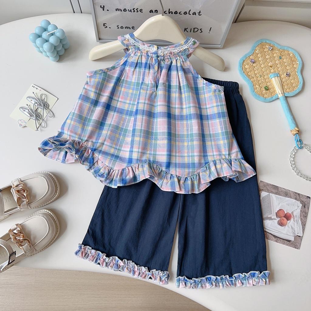Girls Summer Plaid Halter Top And Ruffled Wide Leg Pants 2 Piece Outfit Set For Kids Casual Beach Wear