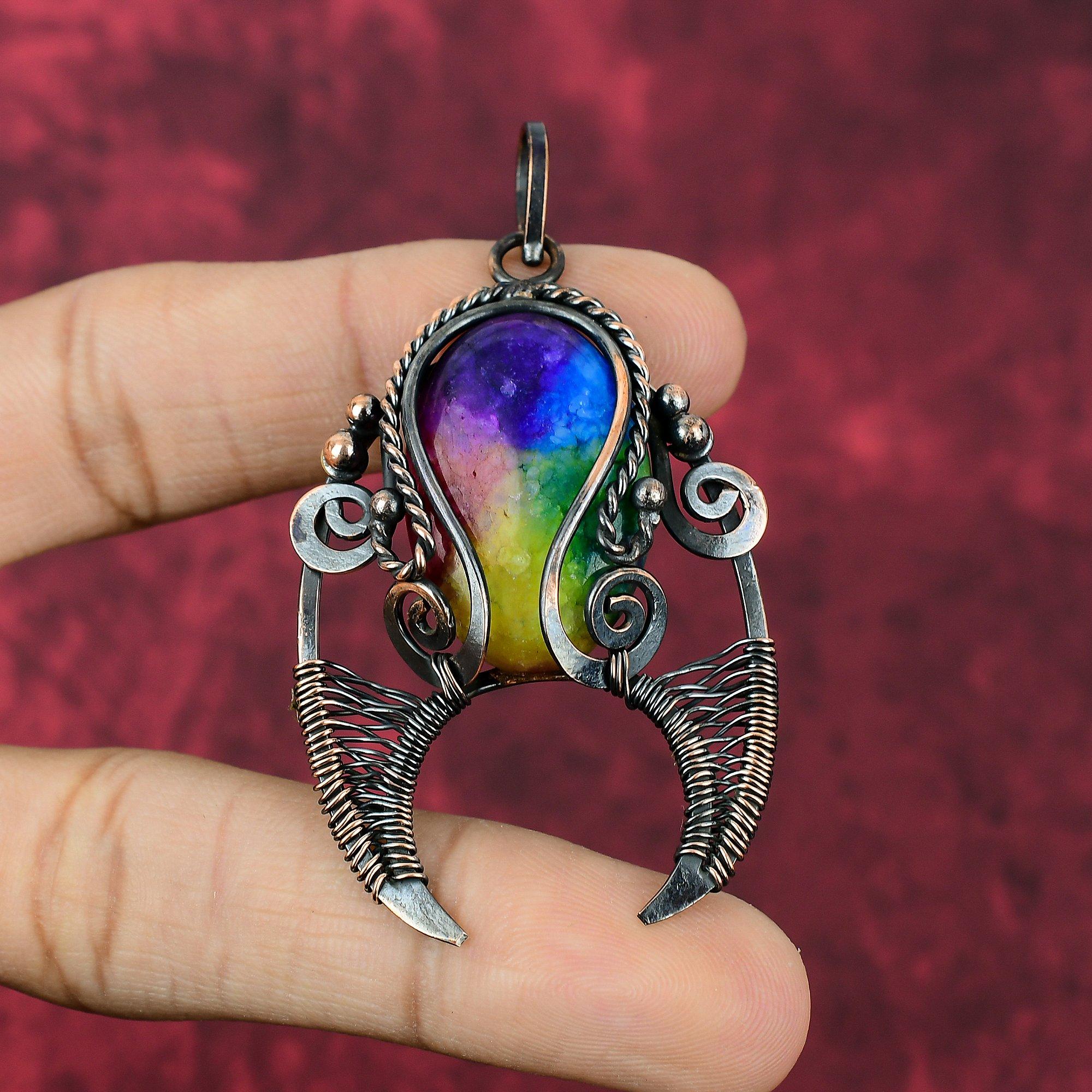 Радужный Солнечный Кварц Друза Подвеска Медная Проволока Обернутый Камень Подвеска Антикварное Украшение Ручной Работы Подвеска Потрясающее Медное Украшение Подарок Маме