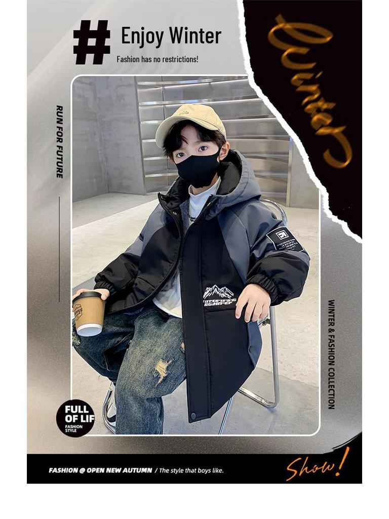 Boys' 2025 Winter Hooded Cotton Parka: New Style Fleece-Lined Coat for Autumn and Winter