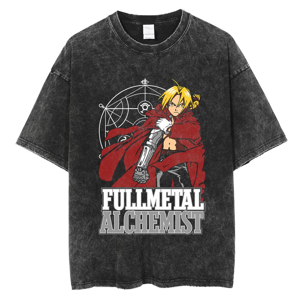Anime Fullmetal Alchemist Logo Graphic Print T Shirt Men Women Vintage Manga Tshirts Washed Cotton Tshirt Harajuku Oversize Tee