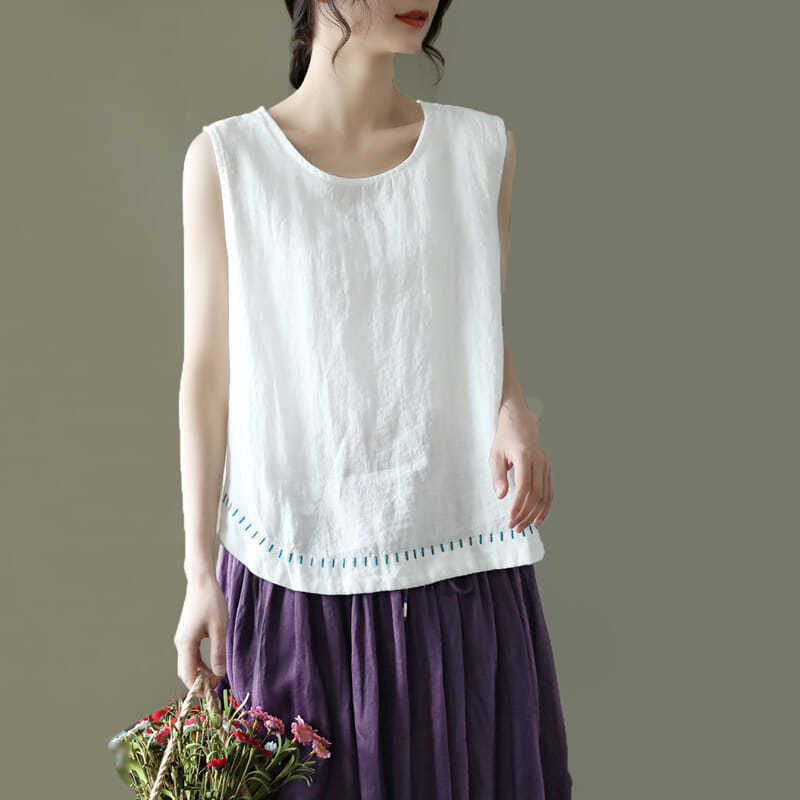 Top da Donna in Cotone e Lino a Colore Unito Stile Letterario con Bordi Ricamati Canotta Estiva Casual Harajuku Senza Maniche