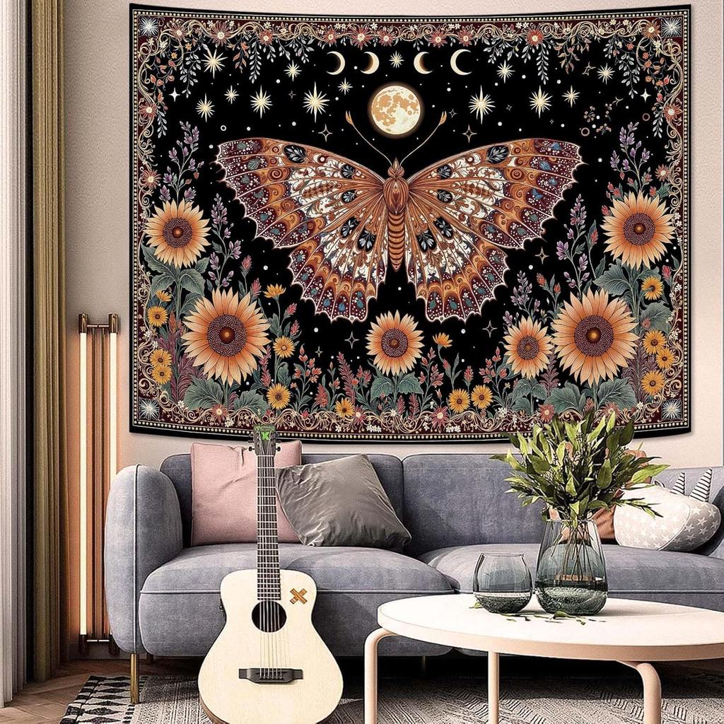 Butterfly Tapestry Moon Star Retro Floral Sunflower Plant Tapestries for Bedroom Witchy Aesthetic Room Decor Tapestries Wall