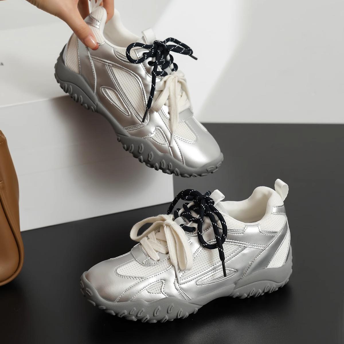 

6cm height increase, small Forrest Gump shoes for women, spring and summer platform sports and leisure mesh breathable leather German training shoes 40 серебряный