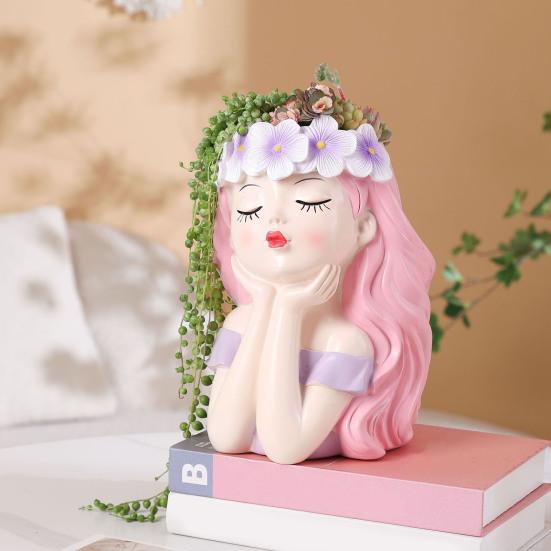 Small Fairy Head Planter Resin Girl Face Flower Pot Cute Cactus Pot for Balcony Yard Garden Desk Decor Gift for Women