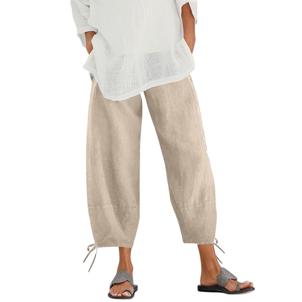 Hosen für Damen, lässig, Sommer, einfarbig, elastisch, hohe Taille, Baumwolle und Leinen, lockere Hosen, Crop-Hose