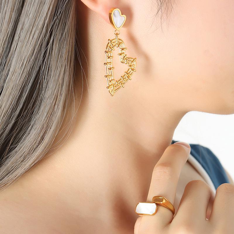 Geometric Hollow Heart Mother-of-Pearl Gold-Plated Earrings - European & American Light Luxury, Personalized Titanium Steel Jewelry