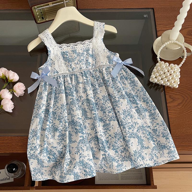 

Girls Sleeveless Summer Dress - Blue & White Porcelain Floral with Bowknot 90 cm