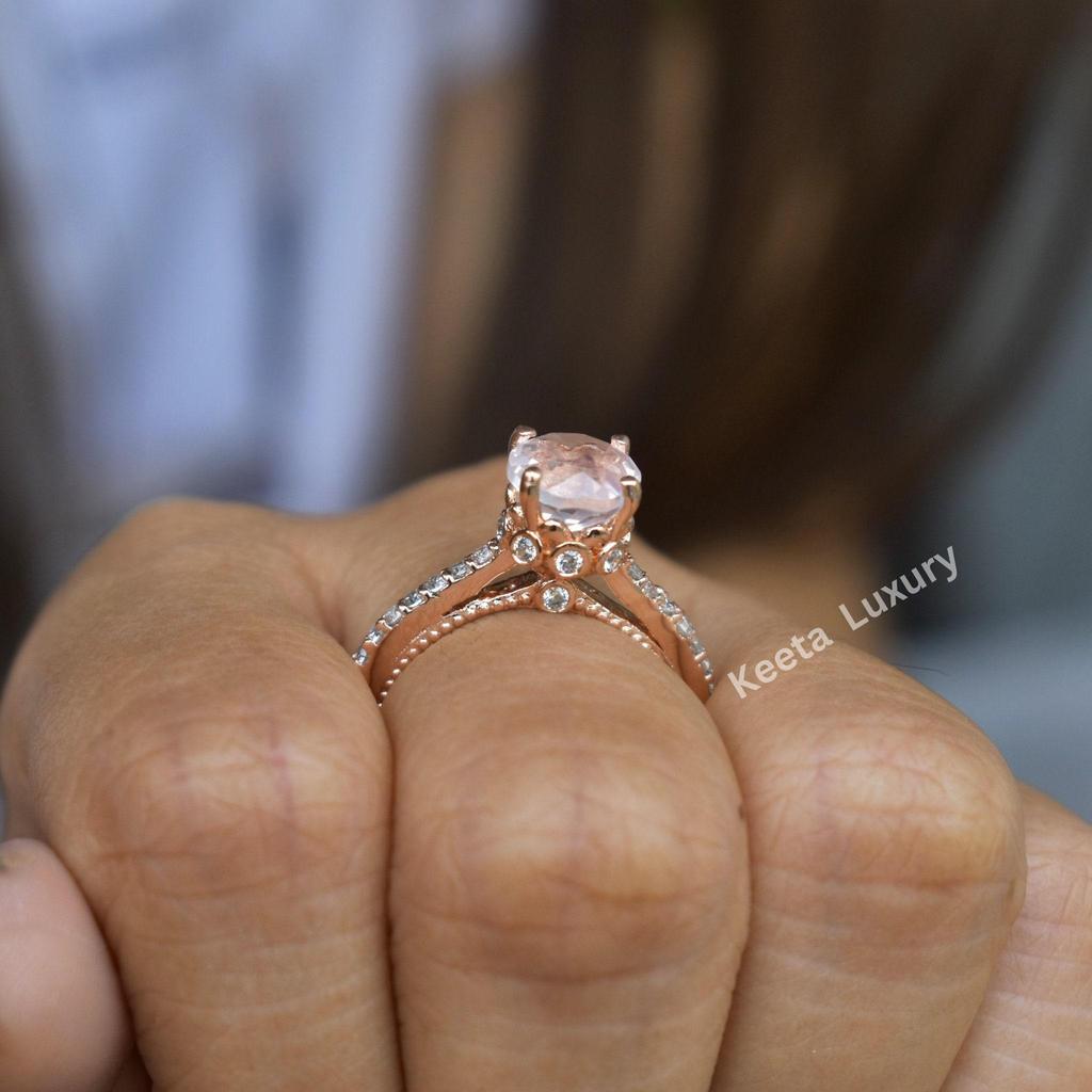 Vintage inspired Rose Quartz Engagement Ring , Pink Quartz Ring bridal ring , wedding  or anniversary gifts , Unique promise ring for her
