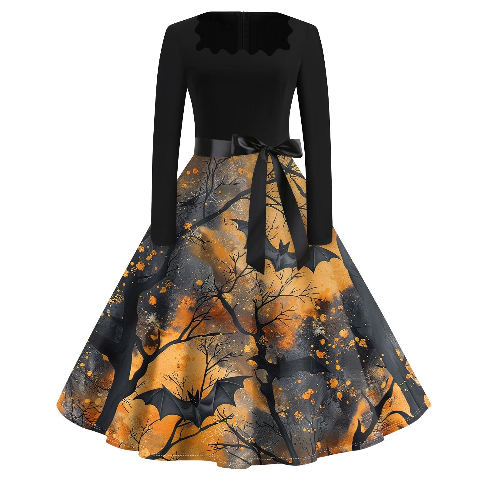 

Платье с расклешенным принтом на Хэллоуин для женщин, платье с длинным рукавом, полые вечерние повседневные платья L