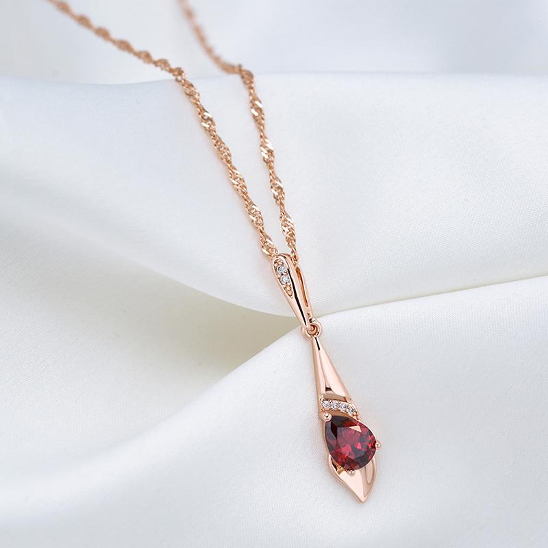 New  Rose Gold Color Long Pendant Necklace For Women Red Natural Zircon Bride Vintage Wedding Jewelry Daily Wear Gift