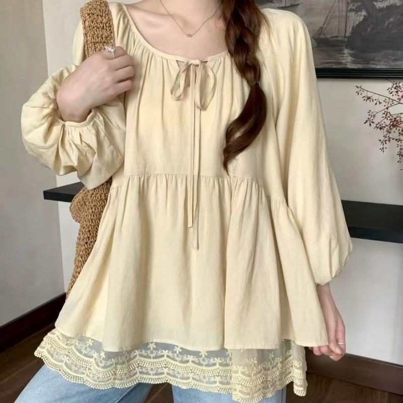 

Round Neck Pleated Women s Shirt Solid Color Lace Up Fake Two-piece Lace Patchwork Ladies Shirts Summer Loose Casual Famale Pullover Long Sleeved Top M жёлтый