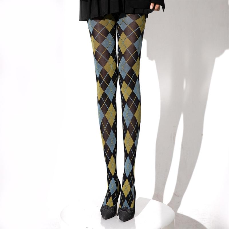 Dames Argyle Ruitpatroon Panty Ademend Nylon Stof OnDoorzichtig Maillot Kousen Stijlvolle Contrastkleur Leggings