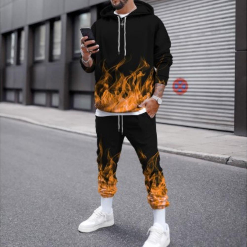 Fashion Flame 3D Print Hoodie Pant Sets Men Casual Hip-hop Sweatshirts Sweatpants Two Piece Suits Tracksuit Man Street Clothing