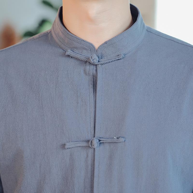 Spring and Autumn Chinese Style Cotton and Linen Retro Buttoned Chinese Long-sleeved Bottoming Shirt Men's Performance Tai Chi Clothing Shirt Jacket