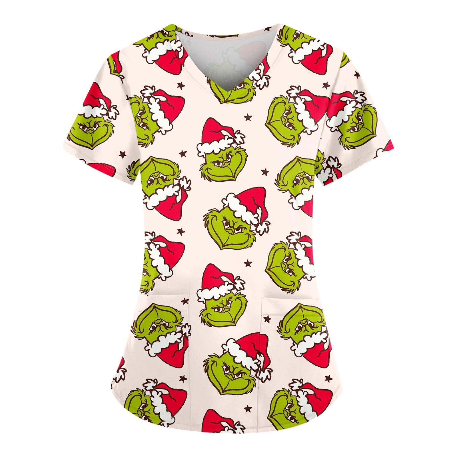 

Женский свободный облегающий топ с принтом рождественского снеговика и V-образным вырезом, короткими рукавами и карманами L армия зеленый