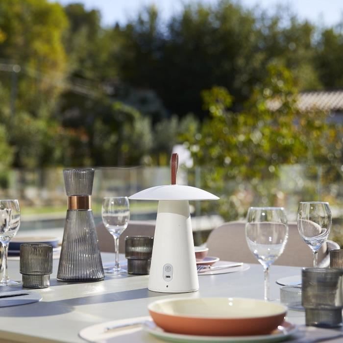 Lampe De Table Sans Fil - LUMISKY - FUNGY - H29 Cm - Aluminium - Anse En Cuir - LED Blanc Chaud