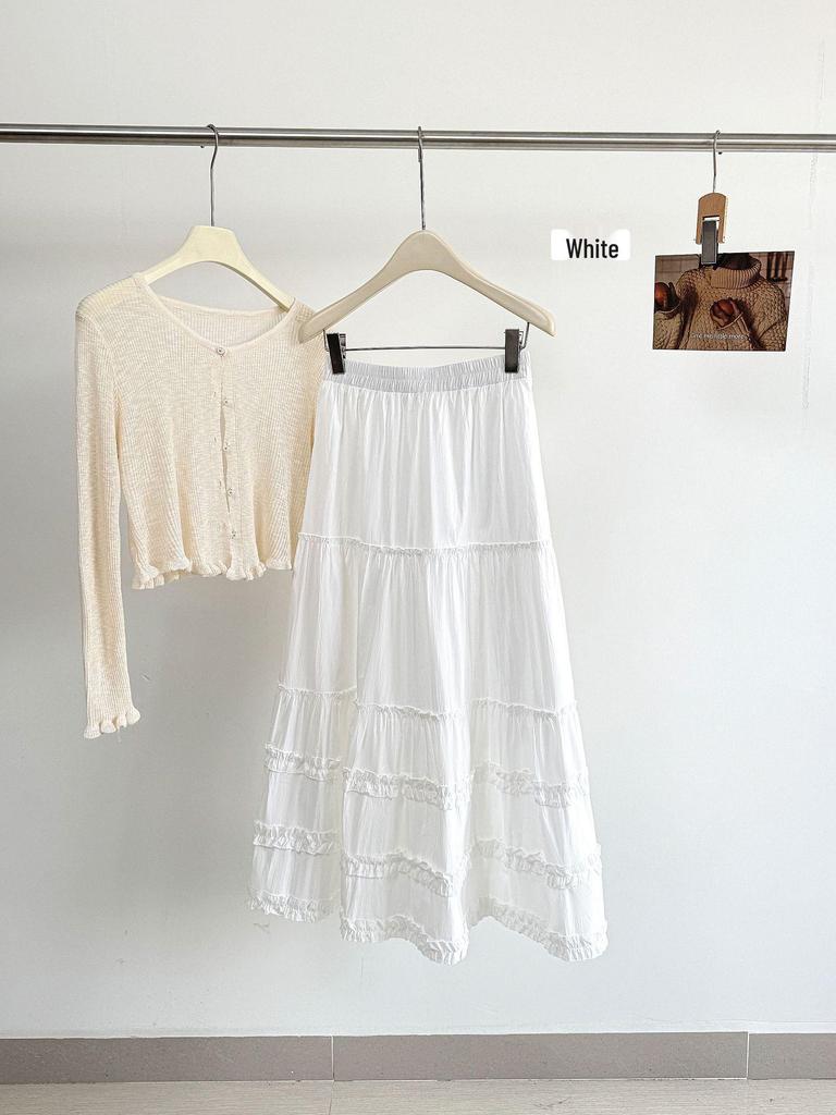 2026 Spring/Summer Layered Ruffle Cake Skirt - White Fairy Vacation Maxi Skirt