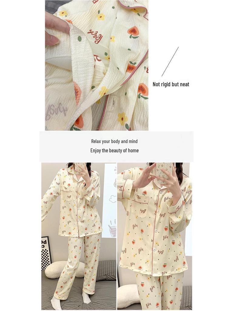 2024 Cute Spring/Autumn Women's Crepe Pajama Set with Chest Pad, Lapel Cardigan, Long-Sleeved Top, and Trousers.