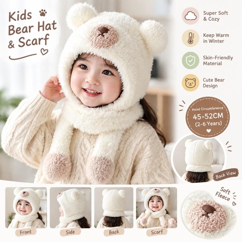 Polyester Fleece Lined 2-6 Years Bear Hat Scarf Set Kids Hat Scarf Set Cold Weather Wear