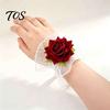 Elasticated Lace Hand Flowers Gothic Fingerless Glove, Elastic Short Sleeve, Wine Red Rose Bracelets Flower Wrist Cuff for Women Girls, Wedding,