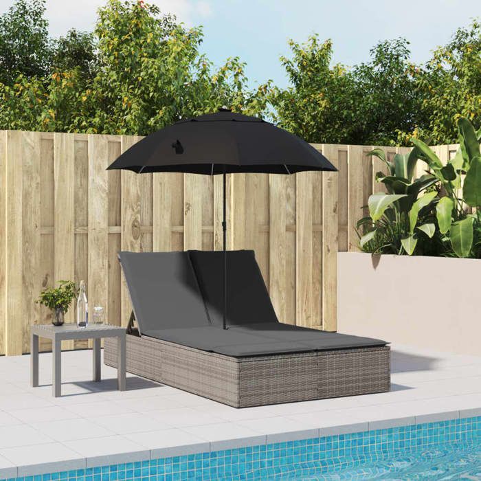 VidaXL Chaise longue double et coussins et parasol gris résine tressée, transat, lit de jour d'extérieur, lit de jour de 368083