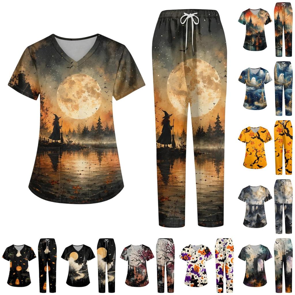 Women's V-Neck Short Sleeve Scrub Top and Pants Set with Pockets, Halloween Print Uniform 2-Piece Set