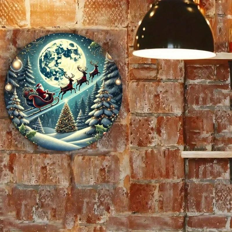 Vintage Santa Sleigh Iron Wall Art Round Metal Decor Panel