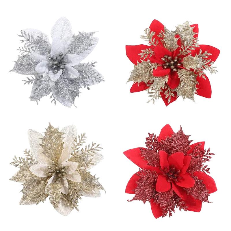 5pcs Glitter Pink Christmas Flowers Xmas Tree 14cm Artifical Flower Ornaments 2025 Merry Christmas Decoration For Home New Year