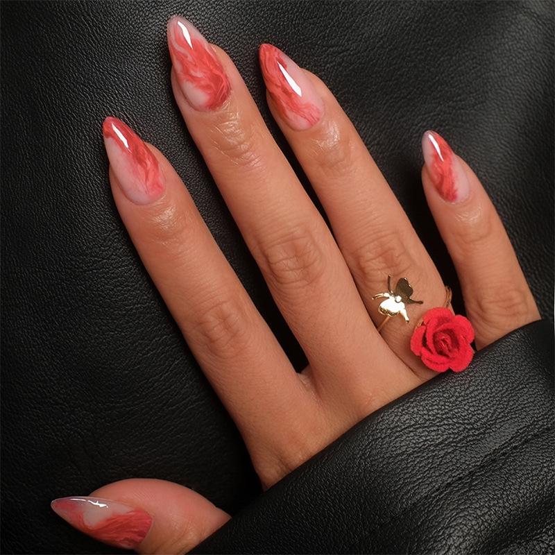 

Red Marble Gradient Almond Press-on Nails - Elegant European & American Style