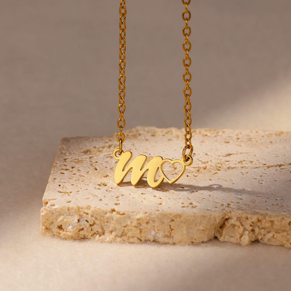 Fashion Initial Pendant Necklace For Women Letter Name Hollow Out Heart Charm Stainless Steel Gold Color Chain Jewelry Gift