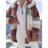 Autumn and Winter Warm Plush Patchwork Zipper Pocket Hooded Loose Jacket for Women