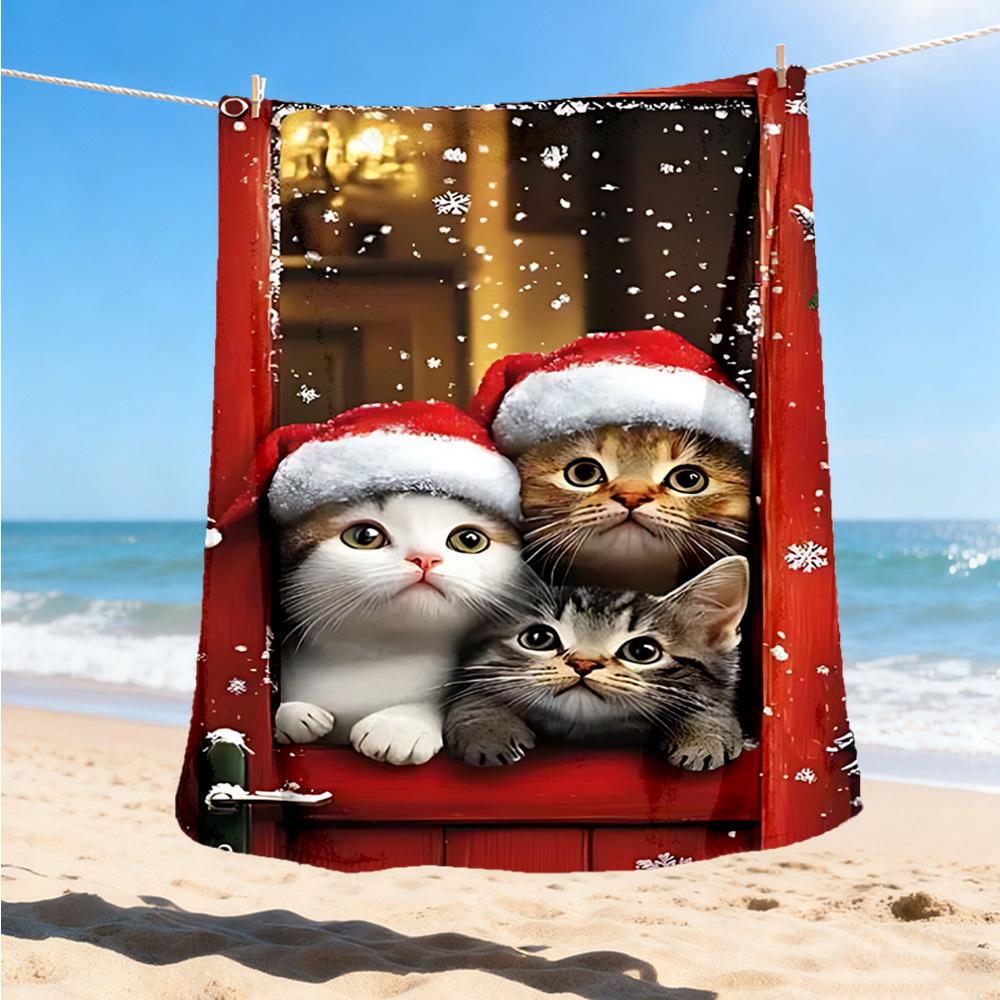 1pc Christmas Cats Outdoor Flannel Blanket Soft All Season Polyester Throw , Perfect for Picnics & Travel , Picnic Accessory