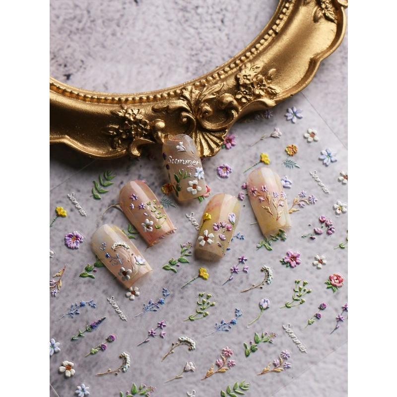 1pc Spring & Summer Floral Embossed Nail Art Stickers, 5D Adhesive Nail Decorations For Acrylic Nails, Women & Girls Nail Art Supplies