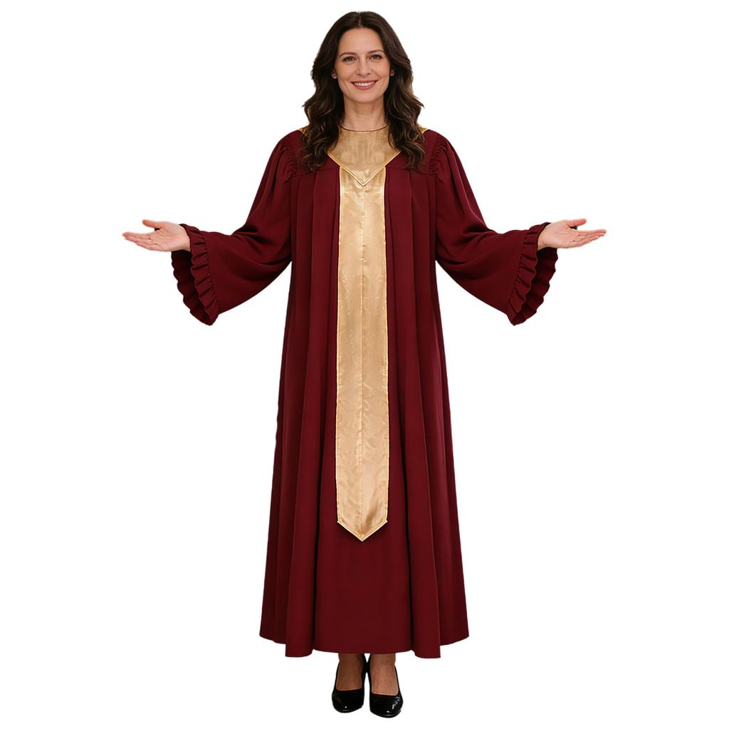 S-XXL Women Choir Robe Flared Long Sleeve Ruffled Trim Color Block Sash Long Priest Cassock for Church Activities