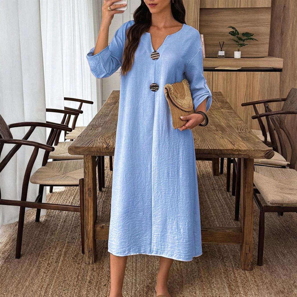 Women's Fashionable Casual V-neck Long-sleeved Color Dress