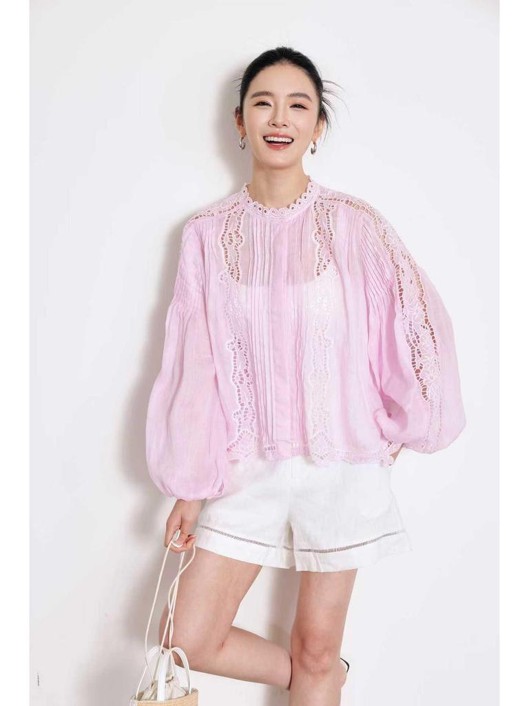 2026 Spring French White Lace Shirt with Loose Lantern Sleeves and Hollow Embroidery