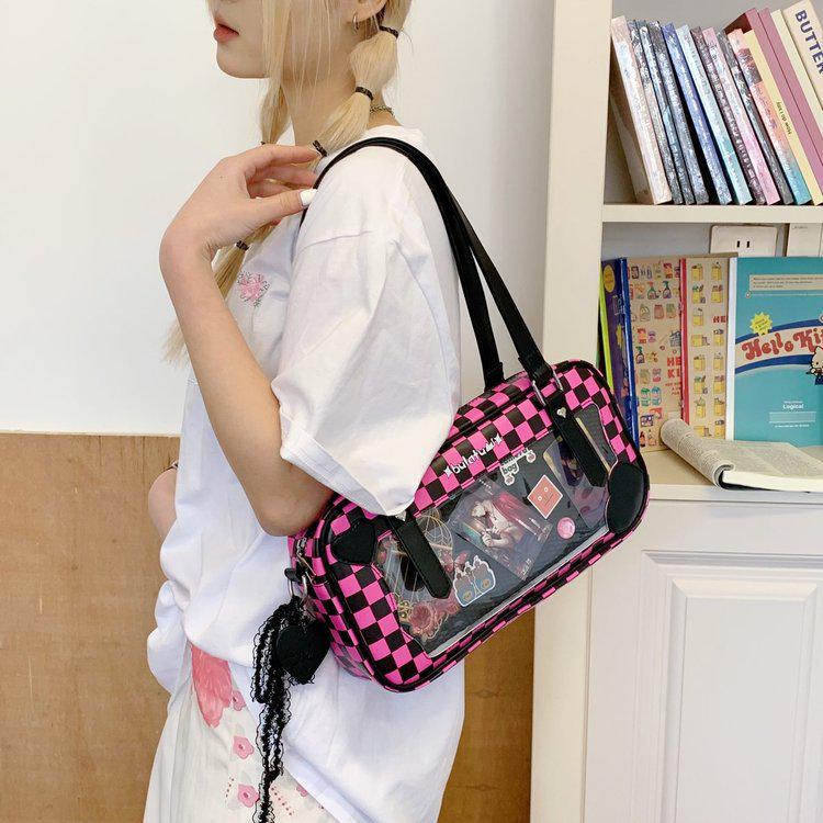 Japanese Kawaii Heart Plaid Ita Bag - Women's Transparent Crossbody with Pin Board