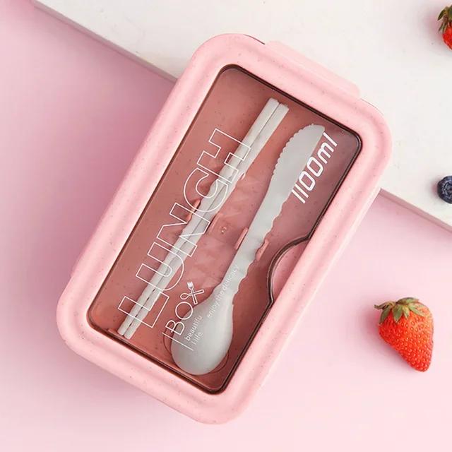 Portable 1100ML Plastic Food Storage Container, Bento Case, Leak - Proof, Microwave Heating, with Chopsticks and Spoons